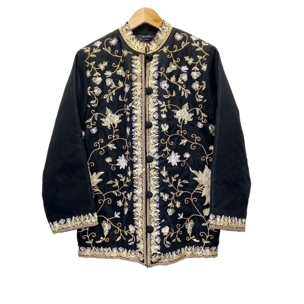 Carol Cohen Studio Quilted Lined Elegant Mandarin Collar Coat Embroidered Sz S